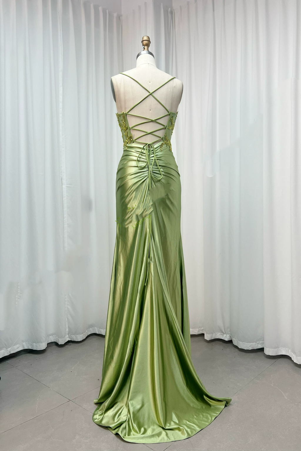 Gorgeous Spaghetti Straps Beaded Lace Mermaid Prom Dress Satin Ruched High Slit Evening Gown TP5755