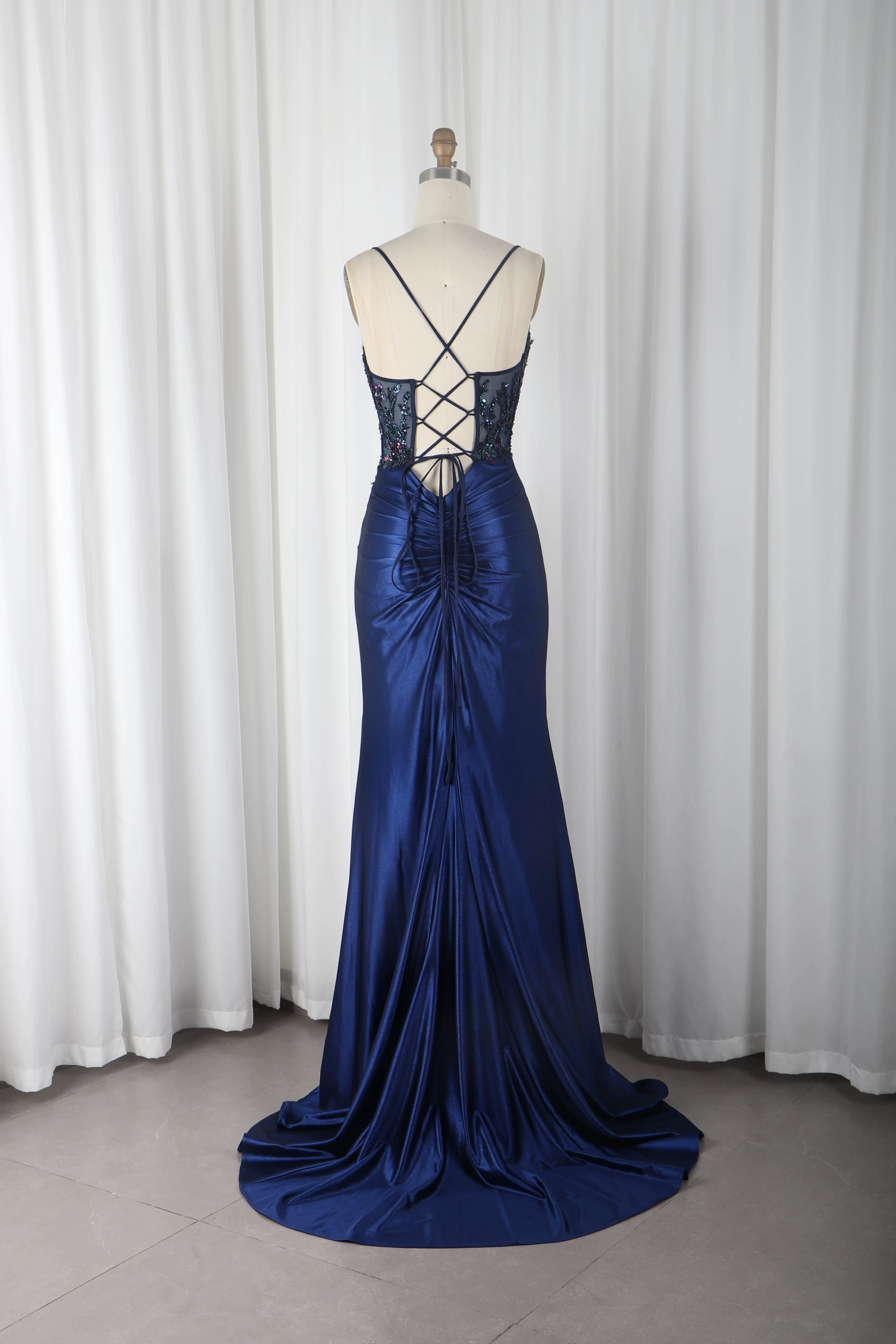 Gorgeous Spaghetti Straps Beaded Lace Mermaid Prom Dress Satin Ruched High Slit Evening Gown TP5755
