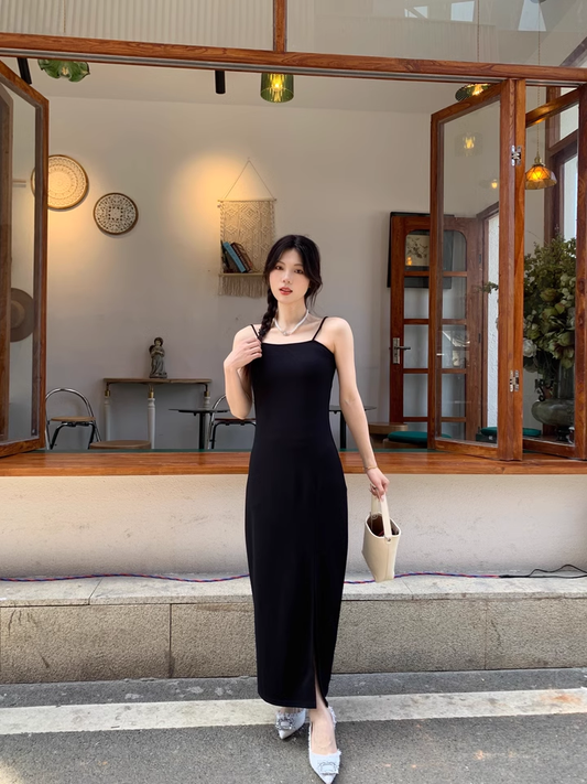 Elegant Fashion Black Sleeveless Spaghetti Strap Dress TP2975