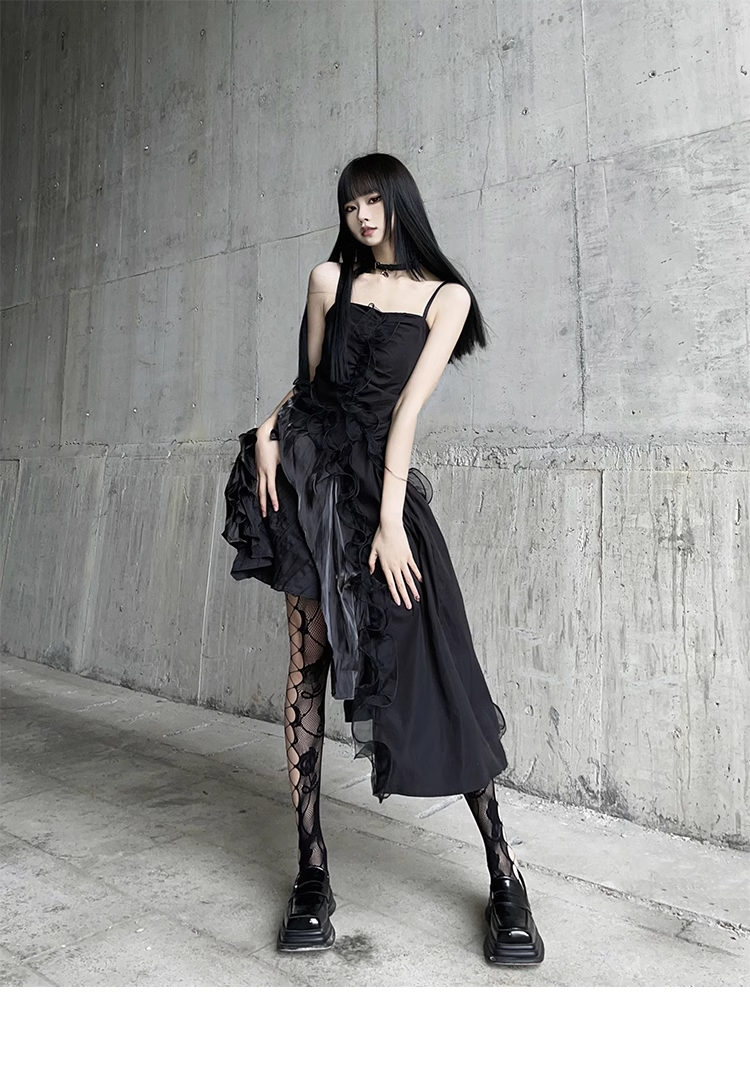 Women Fashion Black Irregular  Spaghetti Strap Dress TP2908