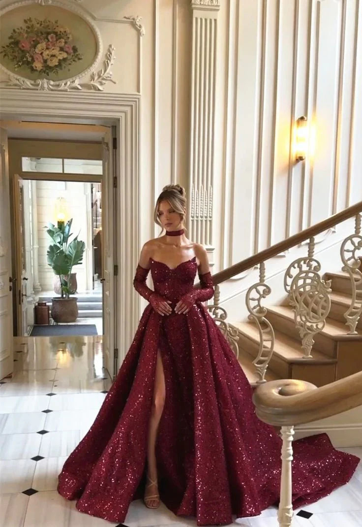 Vintage Sweetheart Burgundy Shiny Sequin Strapless Design A-Line Evening Dress Prom Dress TP4127