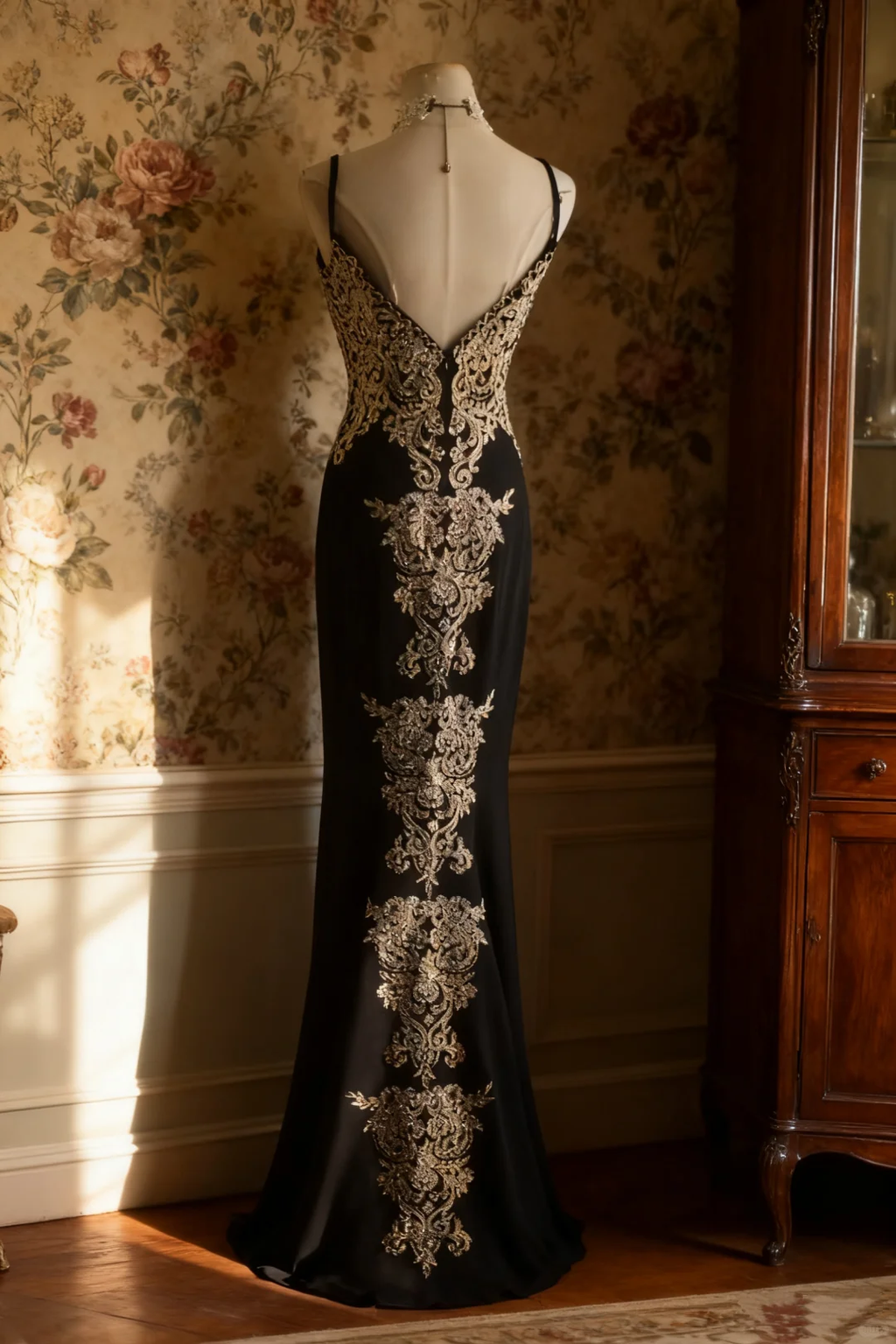 Elegant Black Mermaid Evening Gown with Champagne Lace Applique & High Slit TP5634