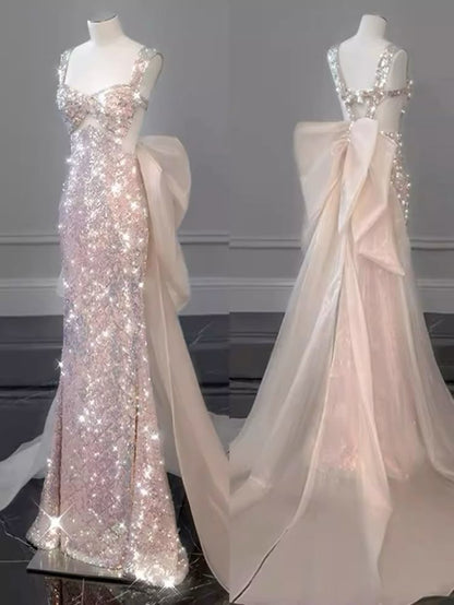 pink gorgeous sparkling pretty mermaid ball gown with detachable bow long elegant sequin formal prom dress eveng Dress Party Dress gh3544