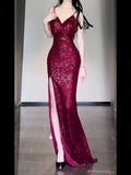 Glamorous Fuchsia Sequin V-Neck Sheath High Slit Evening Gown TP5442