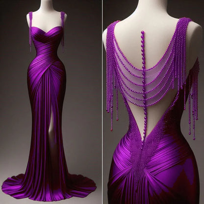 Girlhomeshops-Red satin exquisite beaded sweetheart neckline sexy backless slit long satin prom dress evening dress birthday party dress gh5381