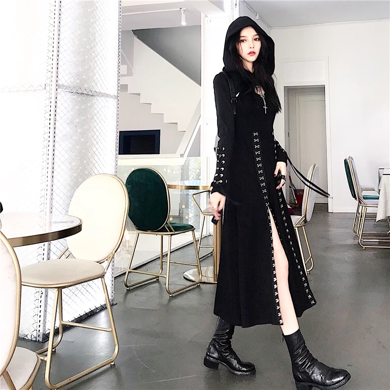 Vintage Hooded Strappy Top Design A-line Sleeveless Spaghetti Strap Split Dress TP3284
