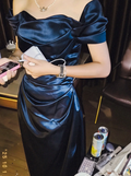 Off The Shoulder Navy Blue Satin Prom Party Dress Classy Evening Dresses