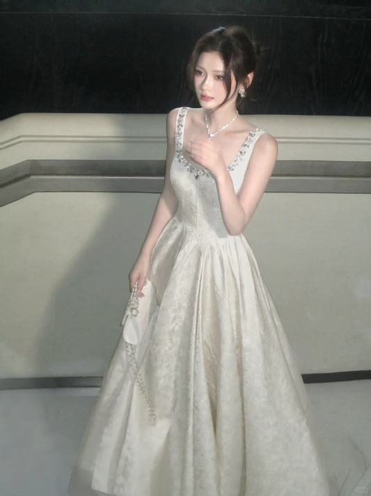 White Spaghetti Straps Waist-Cinched Elegant Full Skirt Evening Dress, Fairy Gown, Romantic Gown gh7376