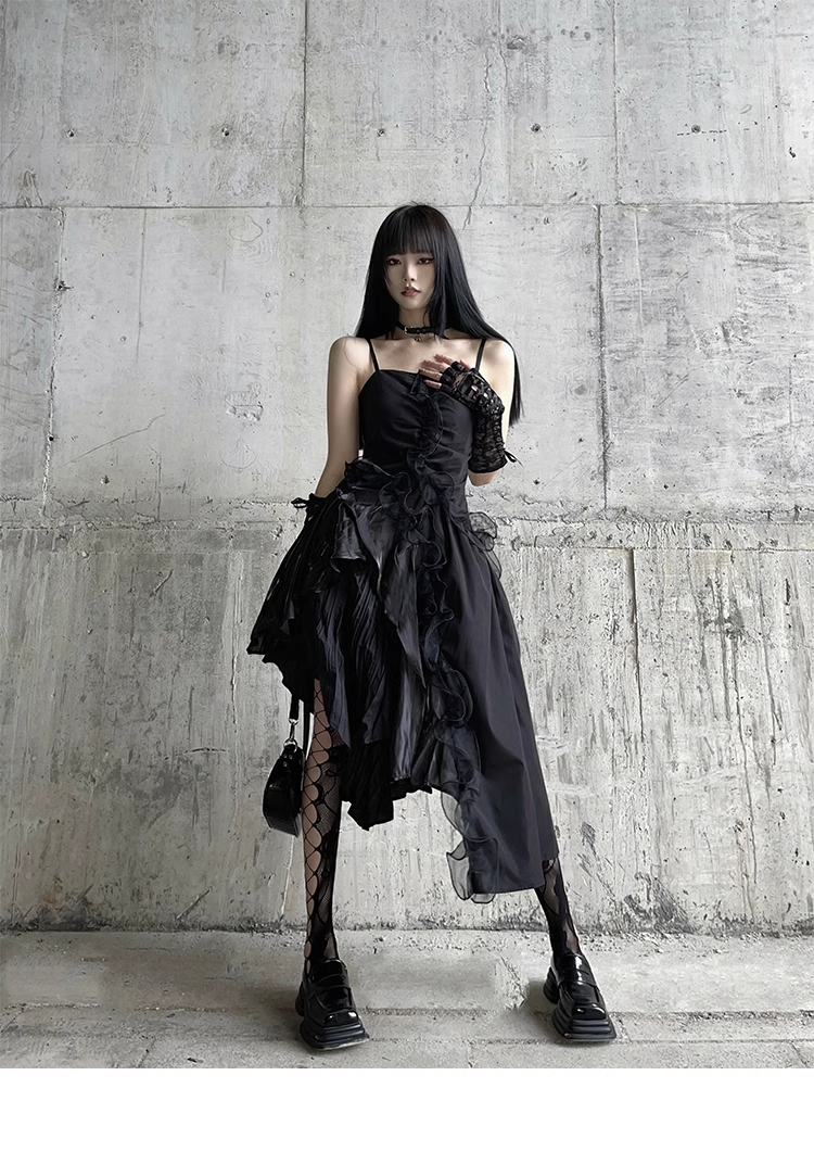 Women Fashion Black Irregular  Spaghetti Strap Dress TP2908