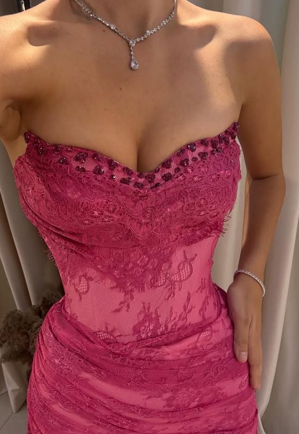 Vintage Fuchsia Sheath Lace Evening Gown High Slit Party Dress Long Formal Dress TP4964