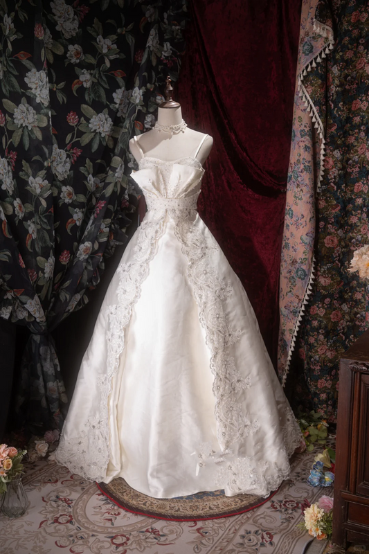 Vintage Ivory Satin Spaghetti Strap Wedding Dress Lace Trim Beaded A-Line Bridal Gown TP5789