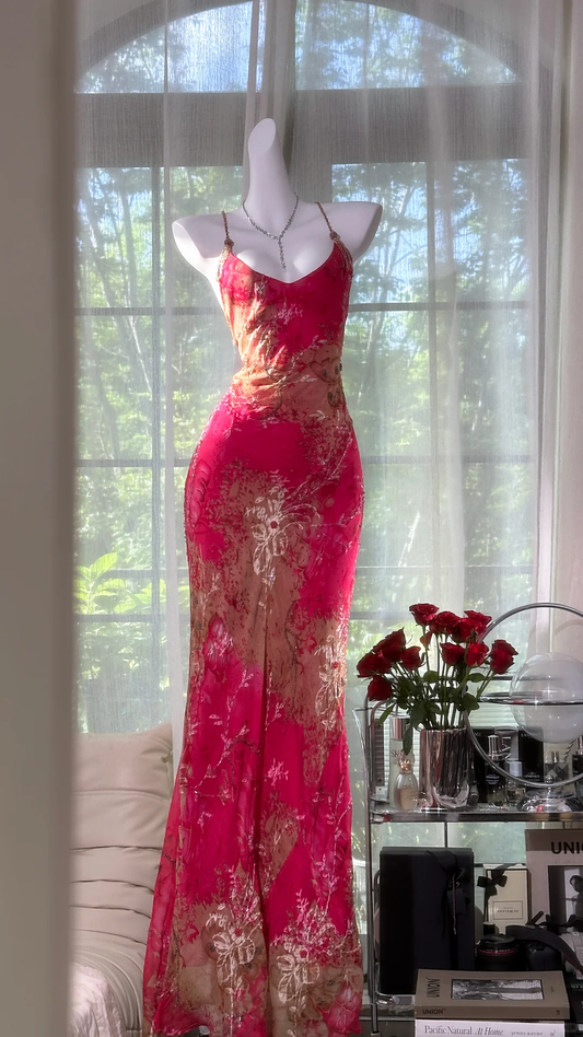Vintage Red Floral Long Prom Dress Sheath Chiffon Spaghetti Strap Backless Formal Dress TP4552