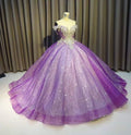 Purple Off The Shoulder Ball Gown Bling Bling Prom Dress