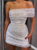 Vintage Shiny Sheath Homecoming Dress Unique off-the-shoulder Design Party Dress Short Cocktail Dress TP4622