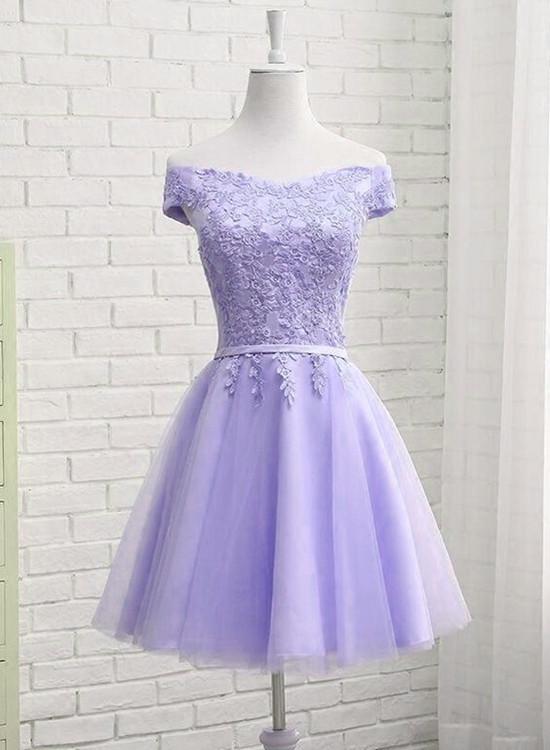 Lavender Off-the-shoulder Short Tulle Prom Dress with Lace Appliques