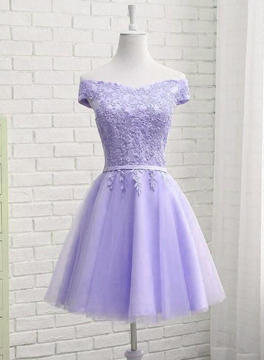 Lavender Off-the-shoulder Short Tulle Prom Dress with Lace Appliques