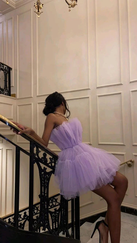 Vintage Lilac A-Line Homecoming Dress Strapless Party Dress Tulle Cocktail Dress TP4656
