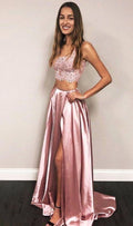 Two Piece Pink Long Prom Dresses For Teens, Chic A Line Party Dresses With High Splits,simple Garduation Dresses For Girls