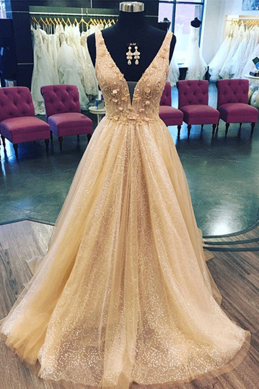 Shiny A Line Champagne Gold Prom Dress Corset Wedding Party Dresses