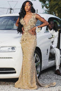 Elegant Champagne Beaded Applique Mermaid V-Neck High Slit Evening Gown Prom Dress TP5228