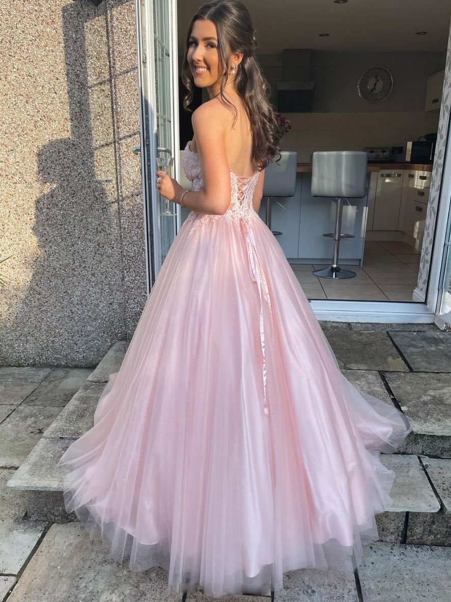 Elegant Pink Tulle Dress Outfit Corset Back Long Birthday Party Gown