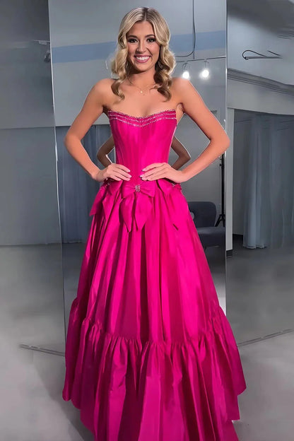Satin A-Line Strapless Empire With Bows Prom Dress