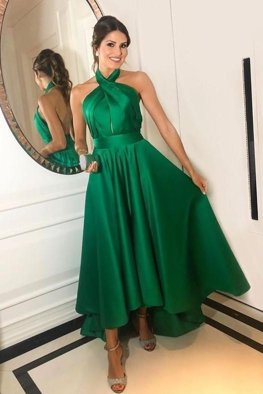 Green Satin Halter Neck A-line Formal Evening Prom Dress High-low Hem