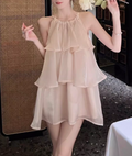 Fashion Champagne Tulle Sleeveless Tiered Homecoming Dress TP3768