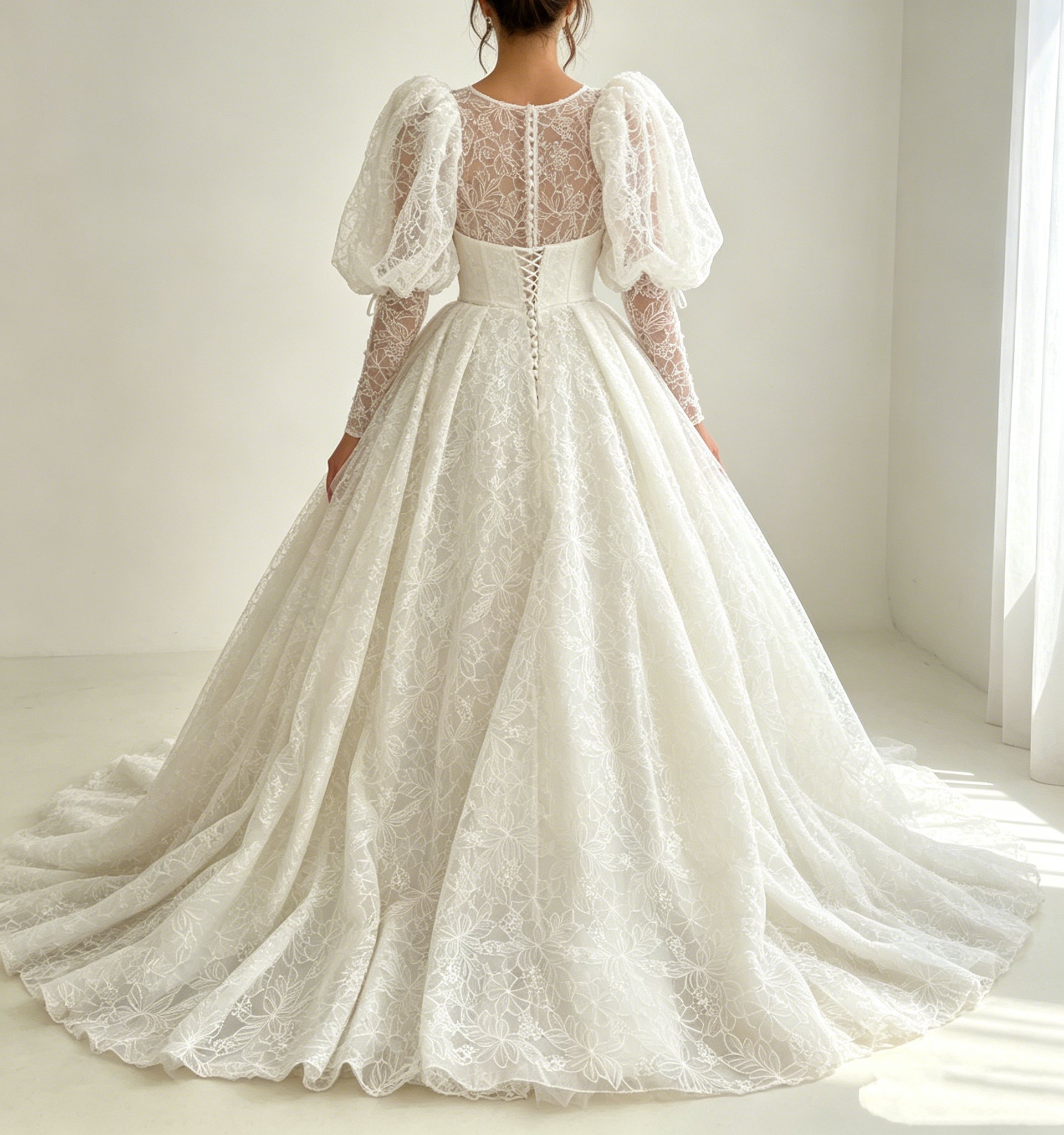 Vintage Ivory High Neck Wedding Dress Puff Long Sleeve Floral Lace A-Line Wedding TP5912