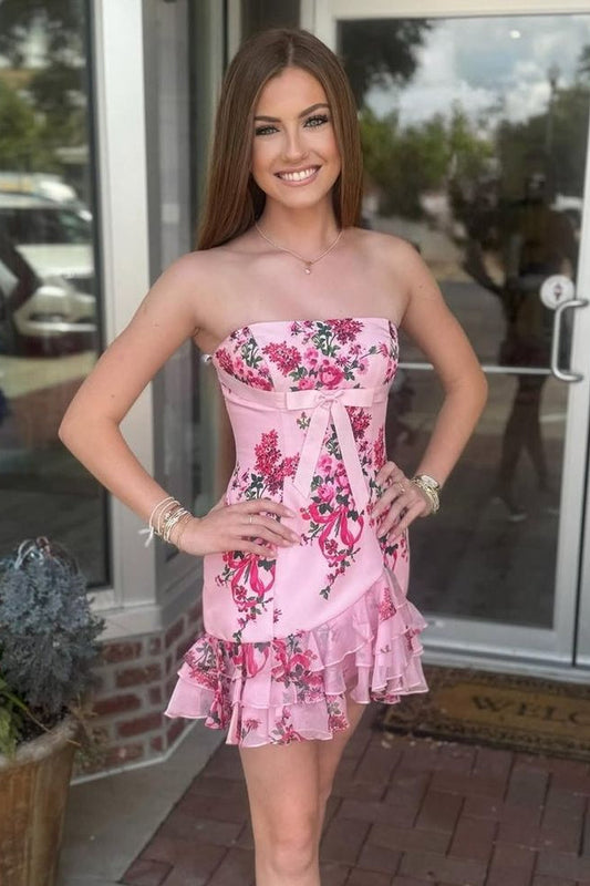 Floral Appliques Strapless Empire Ruffle Homecoming Dress