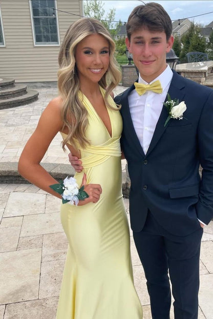 Yellow Fashion Elegant V-neck Long Mermaid Satin Slim-fit Fishtail Ball Gown Evening Dress gh3369