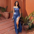 Vintage Shiny Blue Off-the-shoulder Sheath High Slit Long Prom Dress Evening Dress TP4357