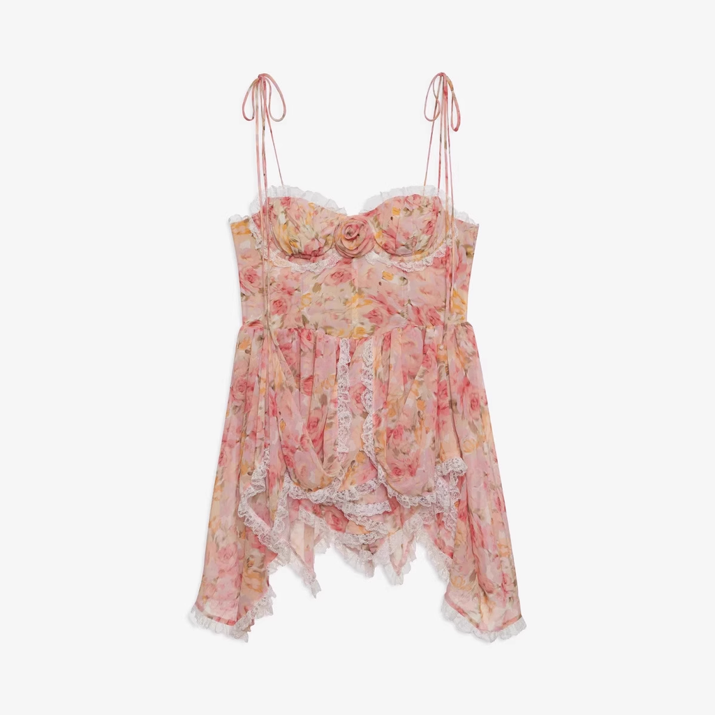 Vintage Lace Floral Spaghetti Strap Ruffled Hem Design A-line Party Dress TP3884