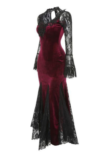 girlhomeshops-Burgundy velvet gothic lace long sleeve dress prom dress,evening dress gh5813
