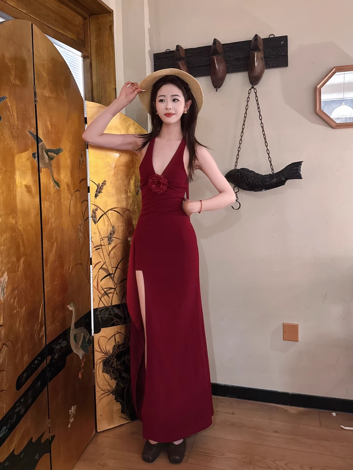 New Sexy Red Halter Dress Elegant Party Evening Dress TP2866