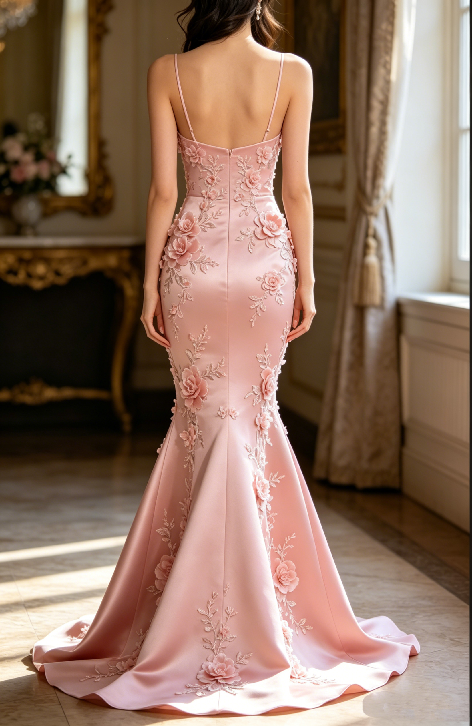 Vintage Light Pink Spaghetti Strap Mermaid Prom Dress 3D Floral Embroidery Evening Gown TP5856
