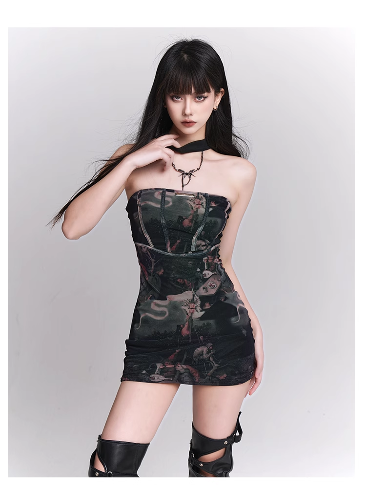 New Fashion Painting Pattern Design Sense Halter Dress TP2925