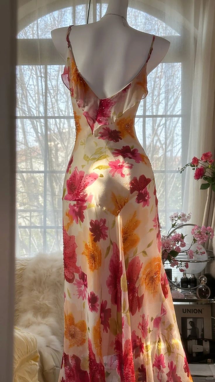 Romantic Ruffled Colorful Floral Printed Mermaid Chiffon Spaghetti Strap Prom Dress TP5686