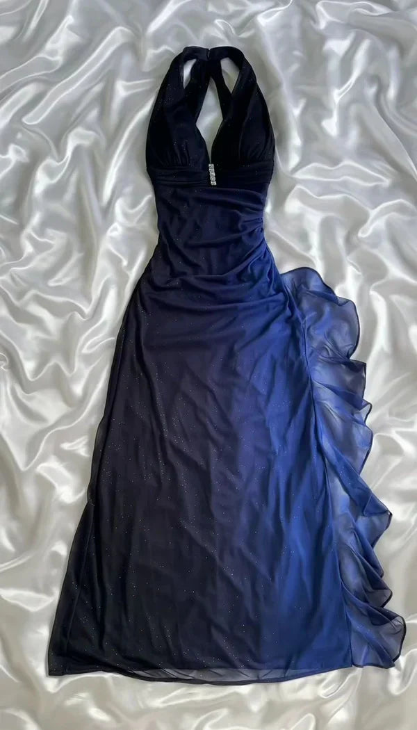 Vintage Gradient Exquisite Beaded Halter-neck Sheath Prom Dress Evening Dress TP4344