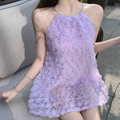 Fashion Purple 3D Flowers Tulle Design A-line Halter Homecoming Dress TP3707