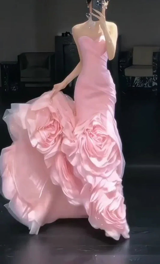Glamorous Pink Strapless Sweetheart Mermaid 3D Rose Applique Evening Gown TP5444