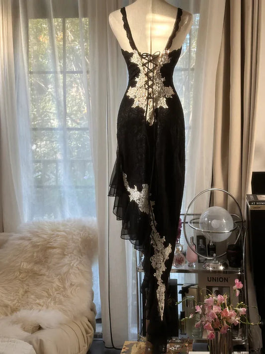 Black retro sexy spaghetti straps exquisite lace long bodycon slim fit elegant evening dress party dress gh3618