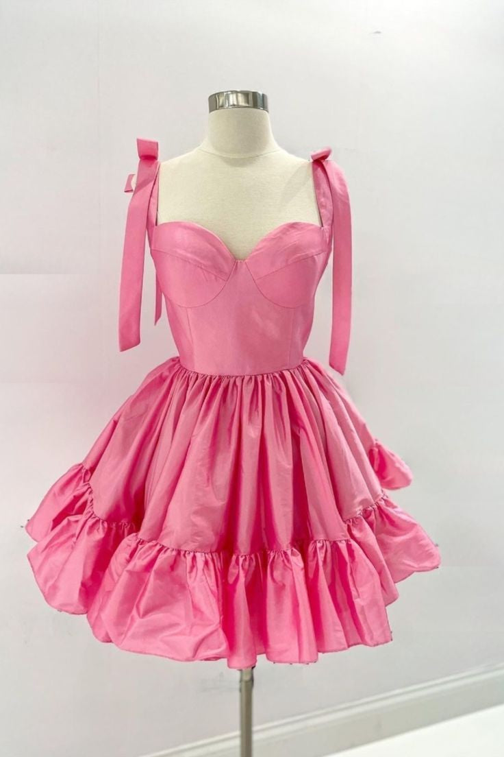 Rose Pink A-line Bow Tie Straps Ruffled Satin Homecoming Dress