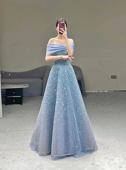 Modest Ball Gown Off The Shoulder Sequin Long Party Dress Gray Prom Dress P2325