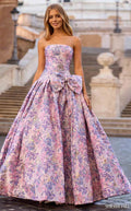 Glamorous Strapless Pink & Purple Floral Brocade Large Bow Ball Gown TP5762