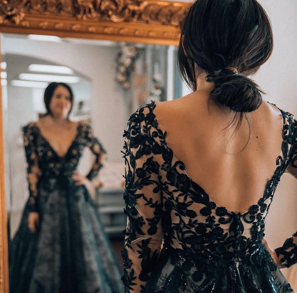 Dark Navy Lace Prom Dresses with Long Sleeves