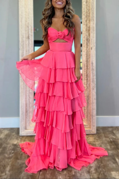 Strapless Chiffon Tiered A-Line Long Prom Dress With Side Slit