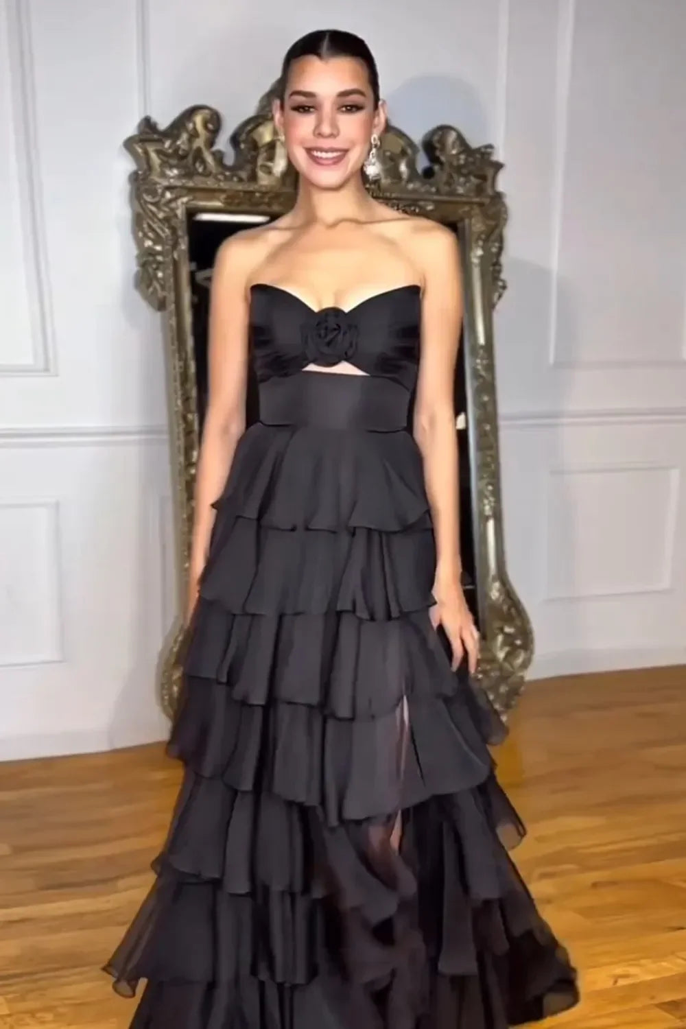 Strapless Chiffon Tiered A-Line Long Prom Dress With Side Slit
