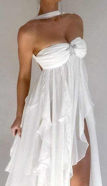 White pure color youthful elegant sweet long chiffon ruffle irregular skirt seaside beach holiday party dress evening dress prom dress gh3538