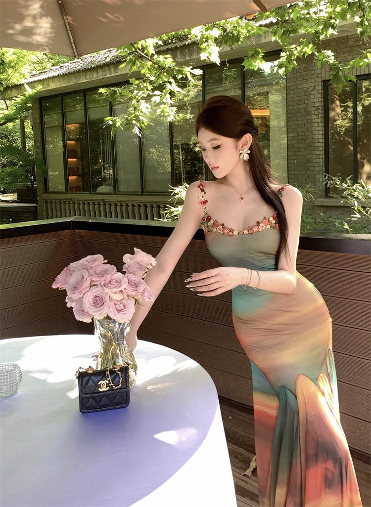 New Fashion Elegant Colorful Design Mermaid Spaghetti Strap Dress TP3004